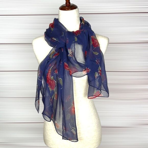 Silk Chiffon Blue with Floral Roses Print Lightweight scarf - Picture 6 of 13